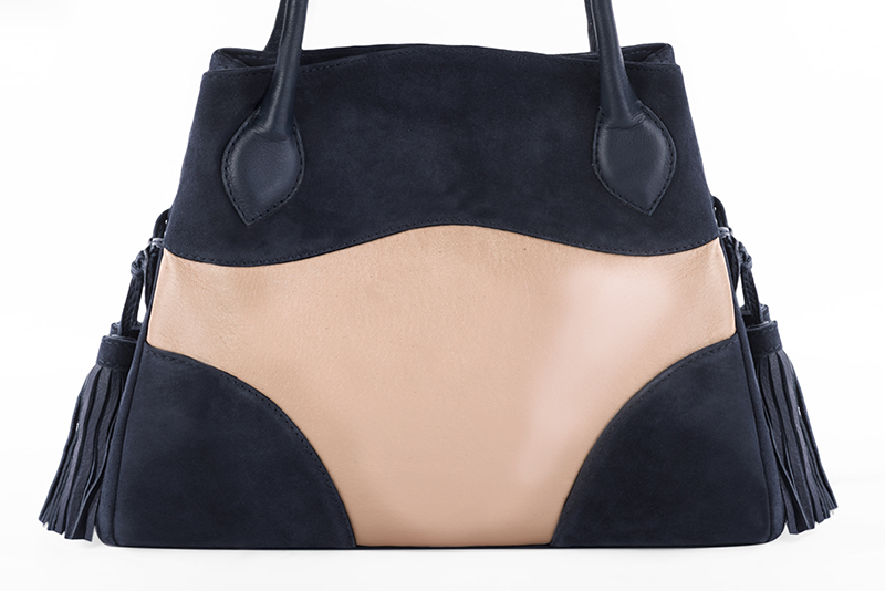 Powder pink and navy blue women's dress handbag, matching pumps and belts. Profile view - Florence KOOIJMAN